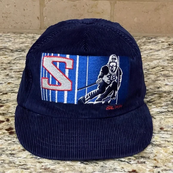 Vintage 90’s Salomon Corduroy Mountain Run Skiing SnapBack Cap Hat Blue